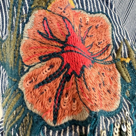 Zara Floral Embroidered Denim Striped Balloon Puff Sleeve Top SMALL - Picture 10 of 12